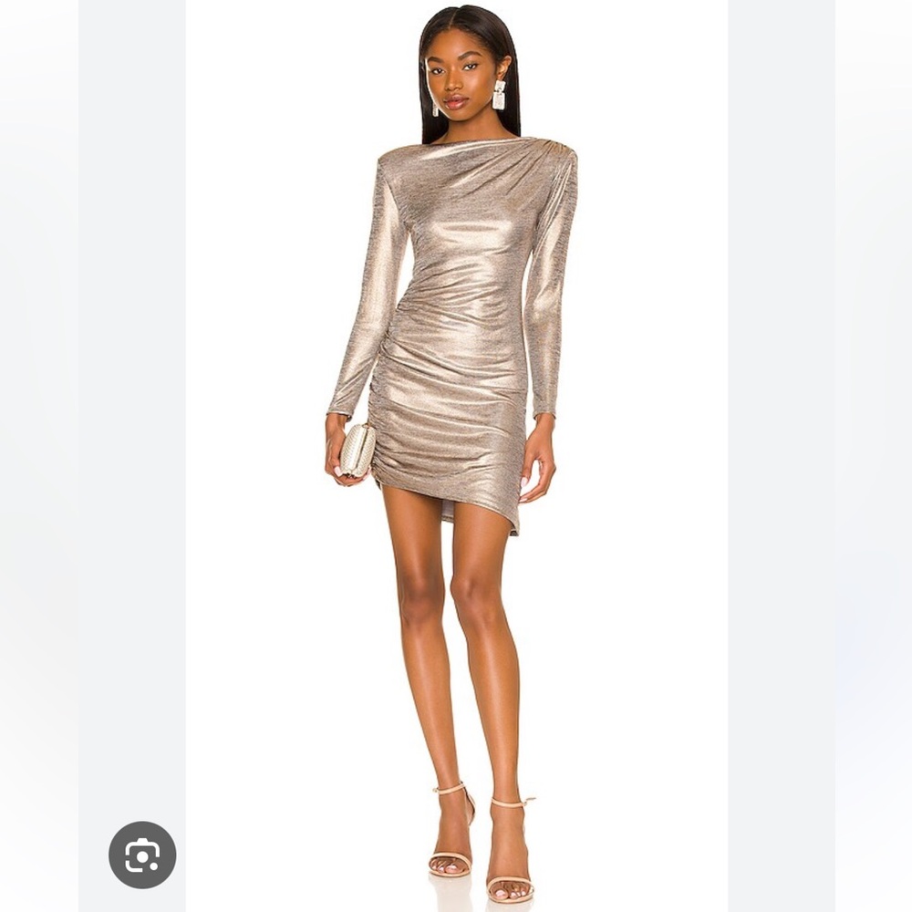 Lovers + Friends Louie Metallic Gold Ruched Long Sleeve Mini Dress